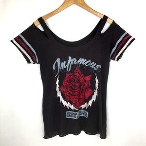 Infamous Y2K Cold Shoulder Burnout Top Black Red Graphic Rose Strip Sleeve Sz XL